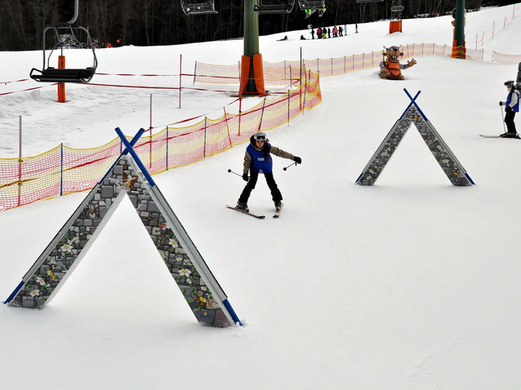 Skifahrerin fährt durch ein Übungstor auf der Piste.